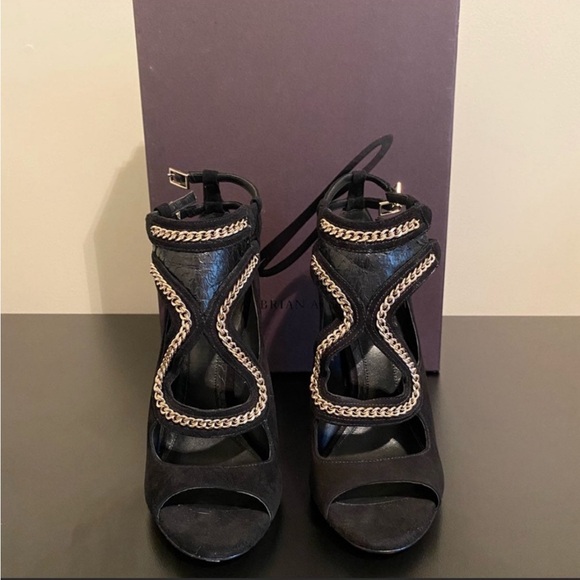NWOT Brian Atwood Black Suede Heels with Gold Chain & Snakeskin Detail - Picture 1 of 9
